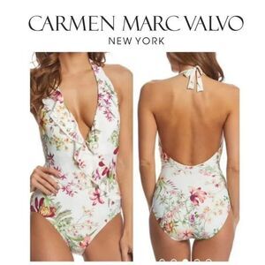 Carmen Marc valvo ruffle floral plunge Swimsuit Swimwear sz 14